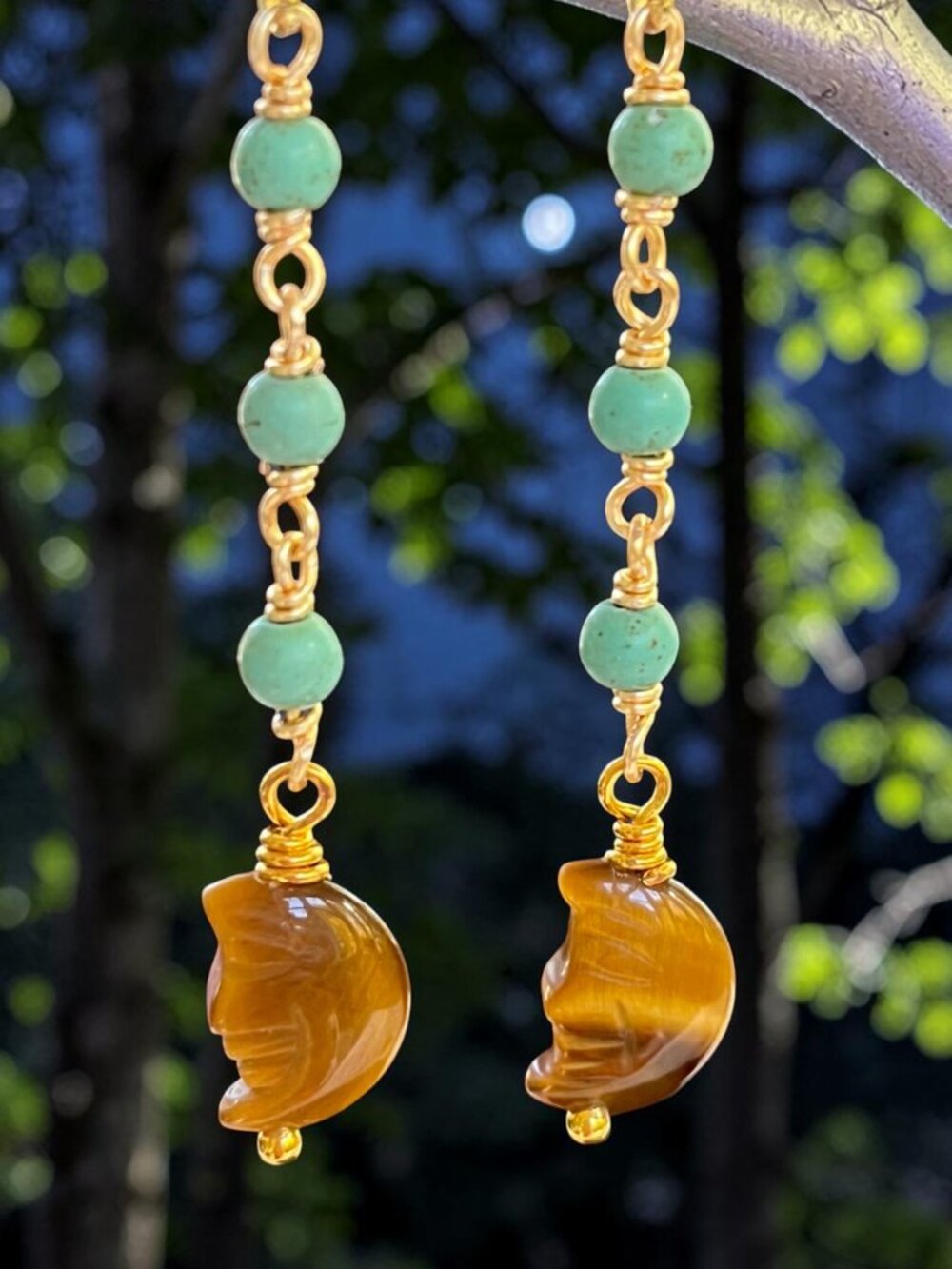 Carved Tiger's Eye Moon Dangle Earrings | Turquoise Howlite Boho Earrings
